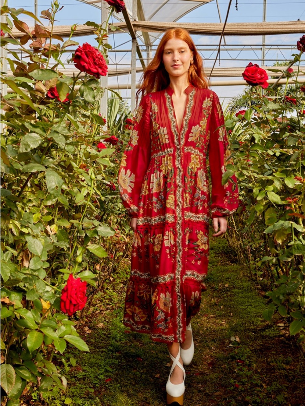 FARM Rio Red Garden Delight Long Sleeve Midi Dress Size Small NWT